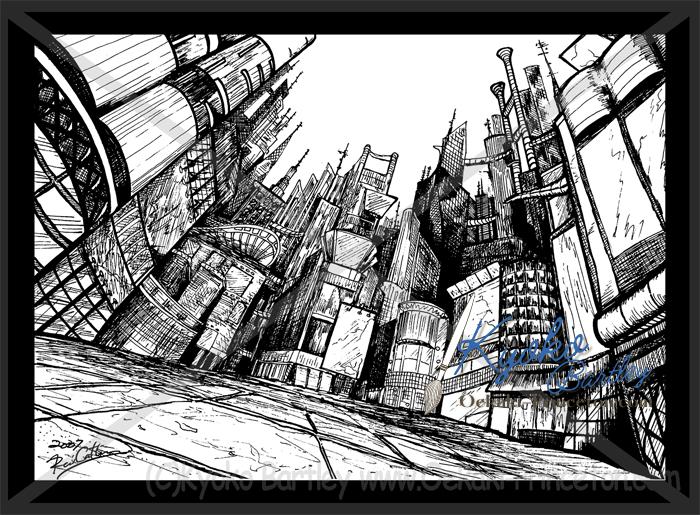 Black and white ink illustration in dynamic comic book style