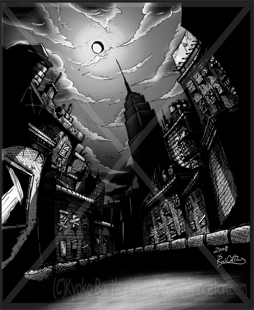 New York Alley Black and White Comic Book Art by Kyoko Bartley