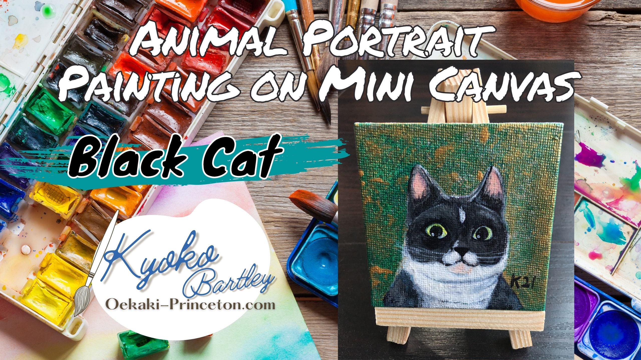 Black Cat Mini Pet Portrait on Canvas Time-lapse Painting YouTube by Kyoko Bartley