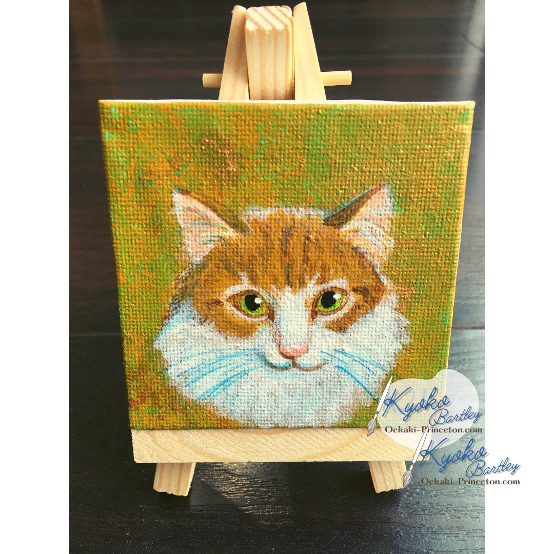 Unique cat portrait in acrylic – 3x3 hand-painted canvas with easel