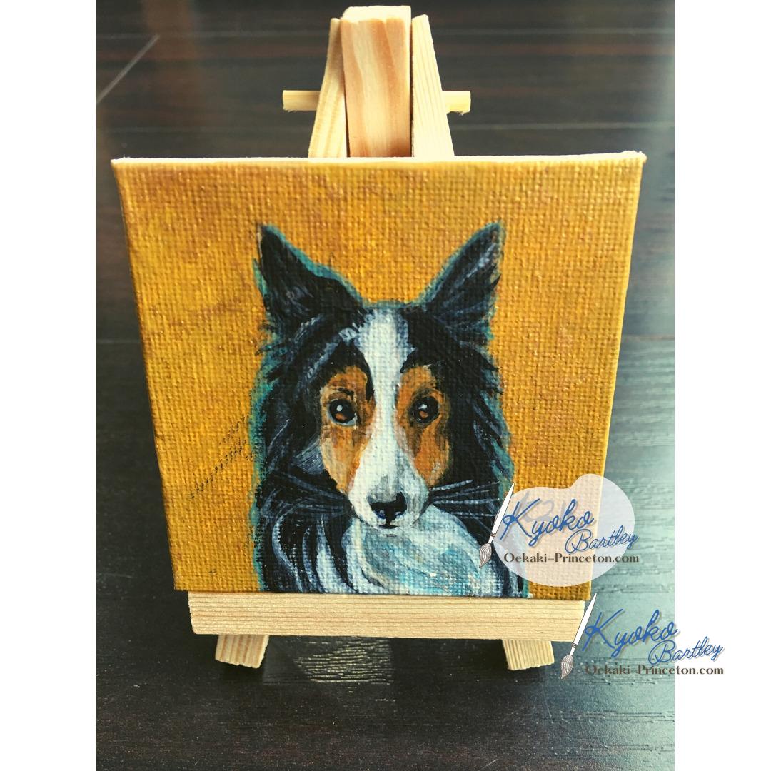 Miniature canvas pet portrait – vibrant acrylic painting with display easel