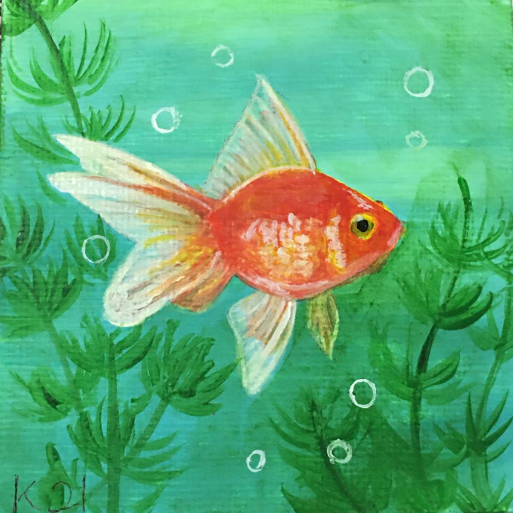 Goldfish Acrylic Painting by Kyoko Bartley, Animal Welfare, Pet Portrait Artist.