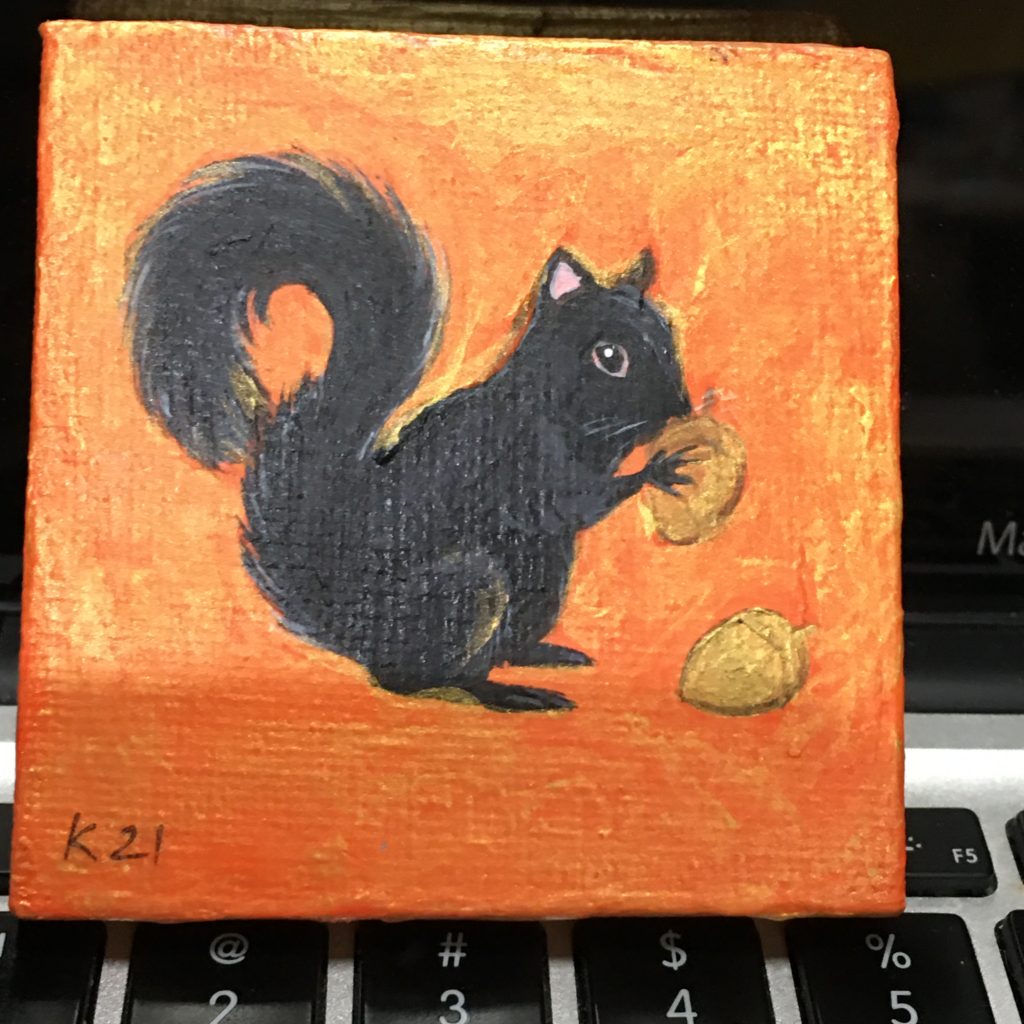 Black Squirrel Acrylic Painting by Kyoko Bartley, Animal Welfare, Pet Portrait Artist.