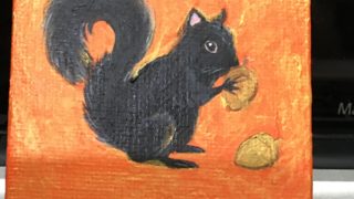 Black Squirrel Acrylic Painting by Kyoko Bartley, Animal Welfare, Pet Portrait Artist.