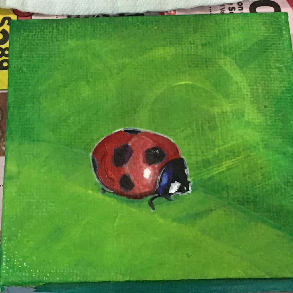 Ladybug Acrylic Painting by Kyoko Bartley, Animal Welfare, Pet Portrait Artist.