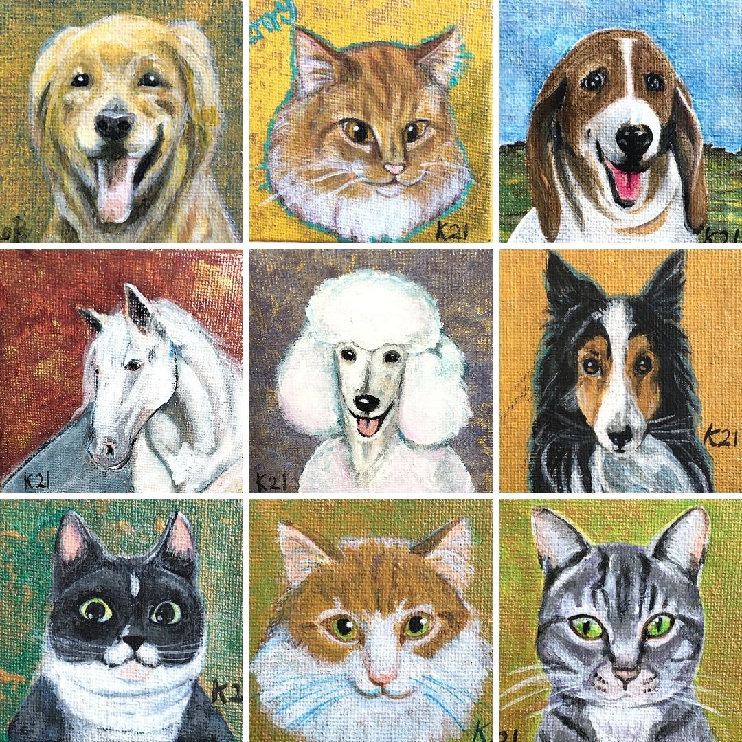 Dogs, cats, and horse portraits samples by Kyoko Bartley, Award- winning pet portraits, animal welfare artist in New Jersey.