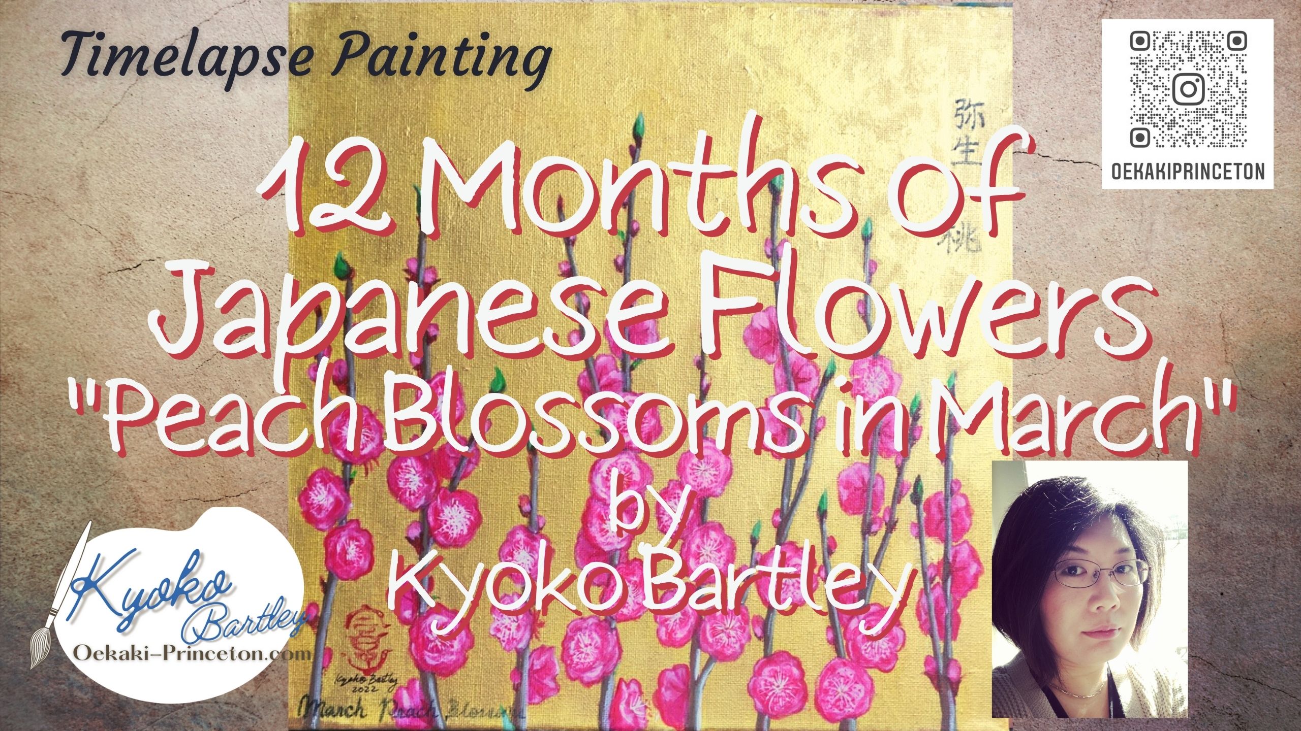 12 Months of Japanese Flowers “Peach Blossoms in March” on Canvas Time-lapse Painting YouTube by Kyoko Bartley