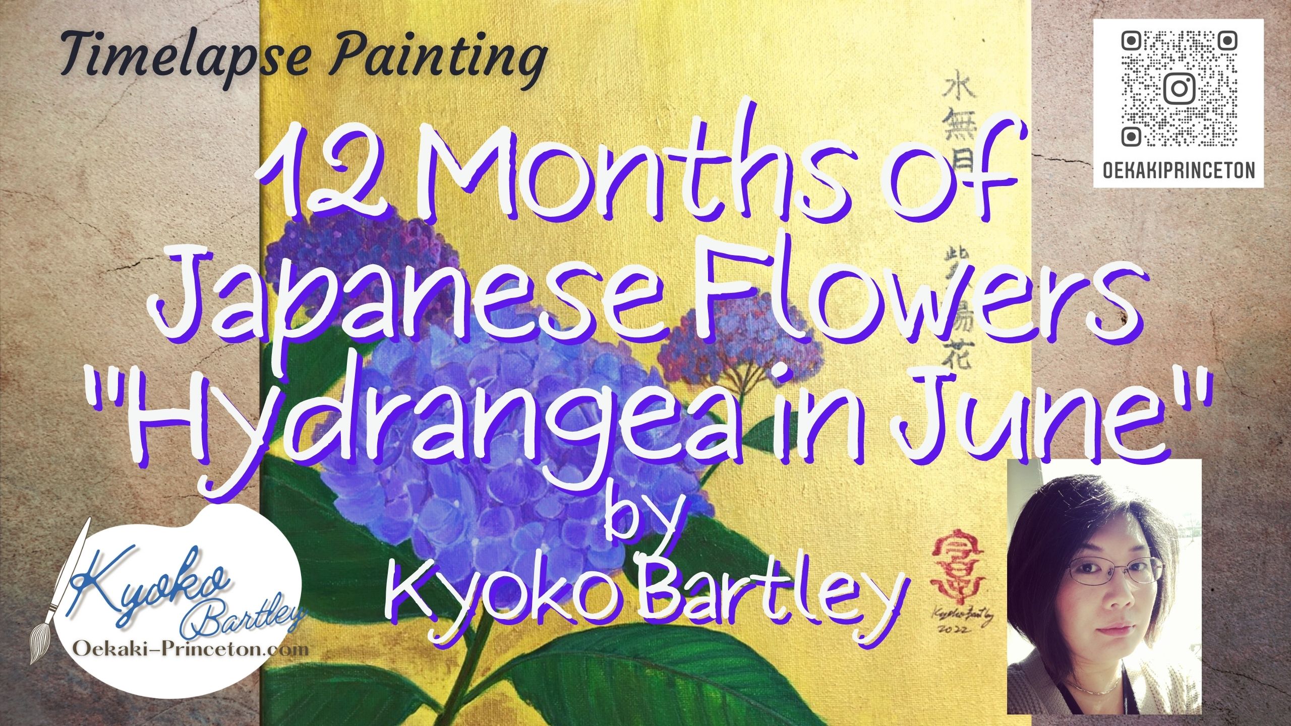 12 Months of Japanese Flowers “Hydrangea in June” on Canvas Time-lapse Painting YouTube by Kyoko Bartley