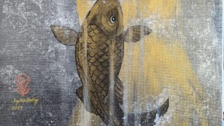 Koi climbing waterfall series by Kyoko Bartley – symbolic Japanese painting of perseverance and success